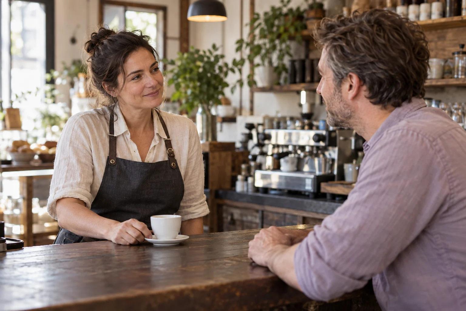A café owner gives her guest time and attention. Staged scene.
