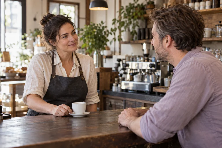 A café owner gives her guest time and attention. Staged scene.