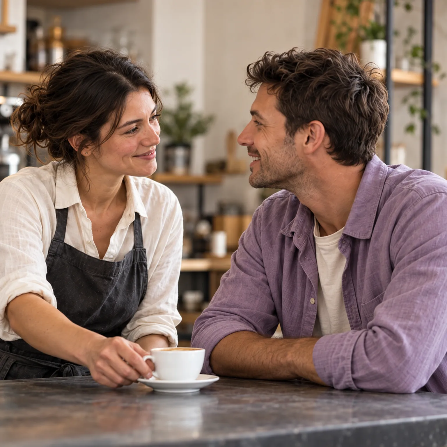 A café owner gives her guest time and attention. Staged scene.