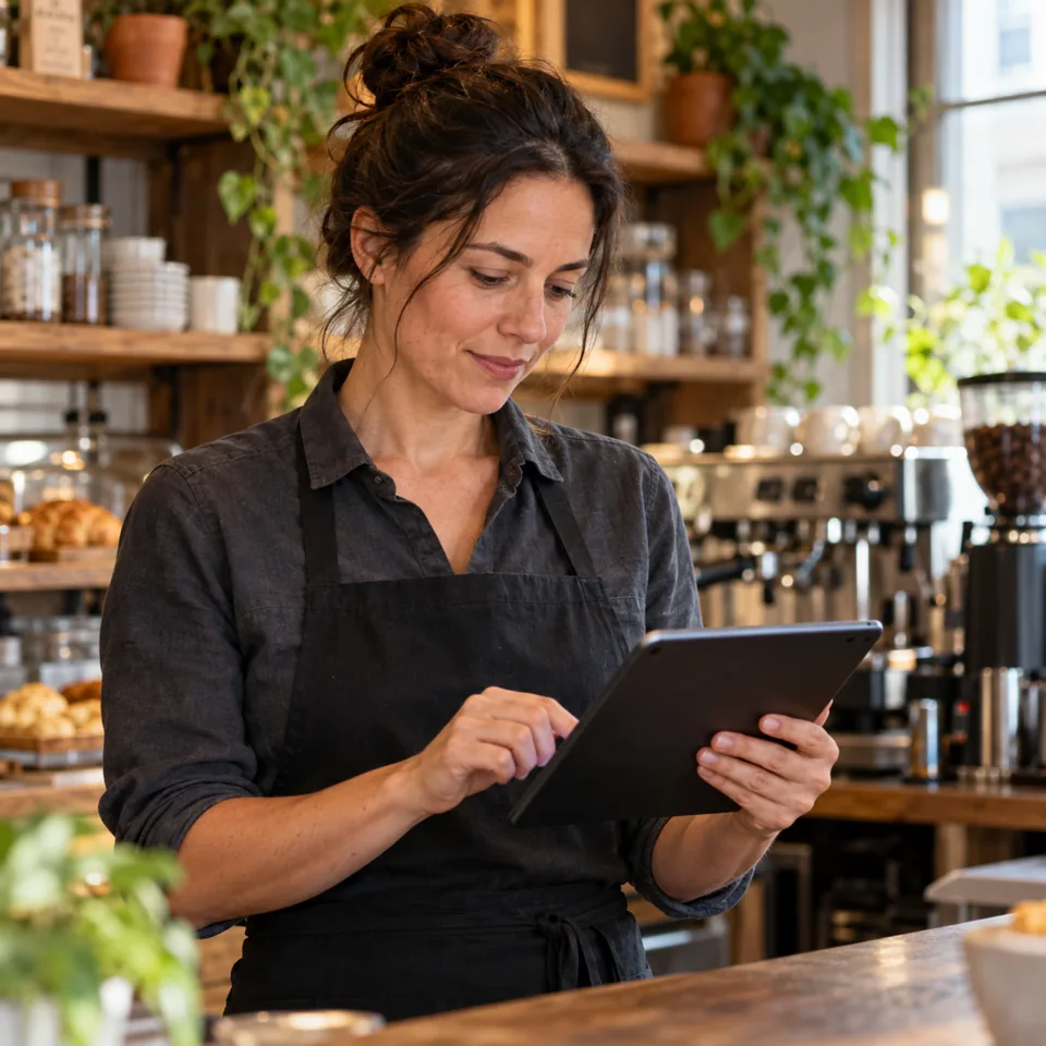 A café owner checks a tablet at the counter. Staged scene.