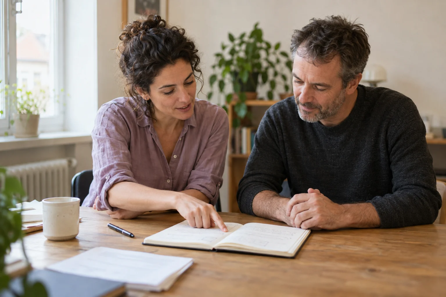 Two colleagues discuss their plans. Staged scene.