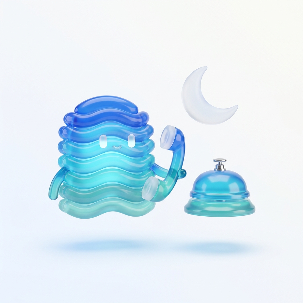 AIOOS Assistent mit Rezeptionsglocke unter dem Mond — nachts erreichbar