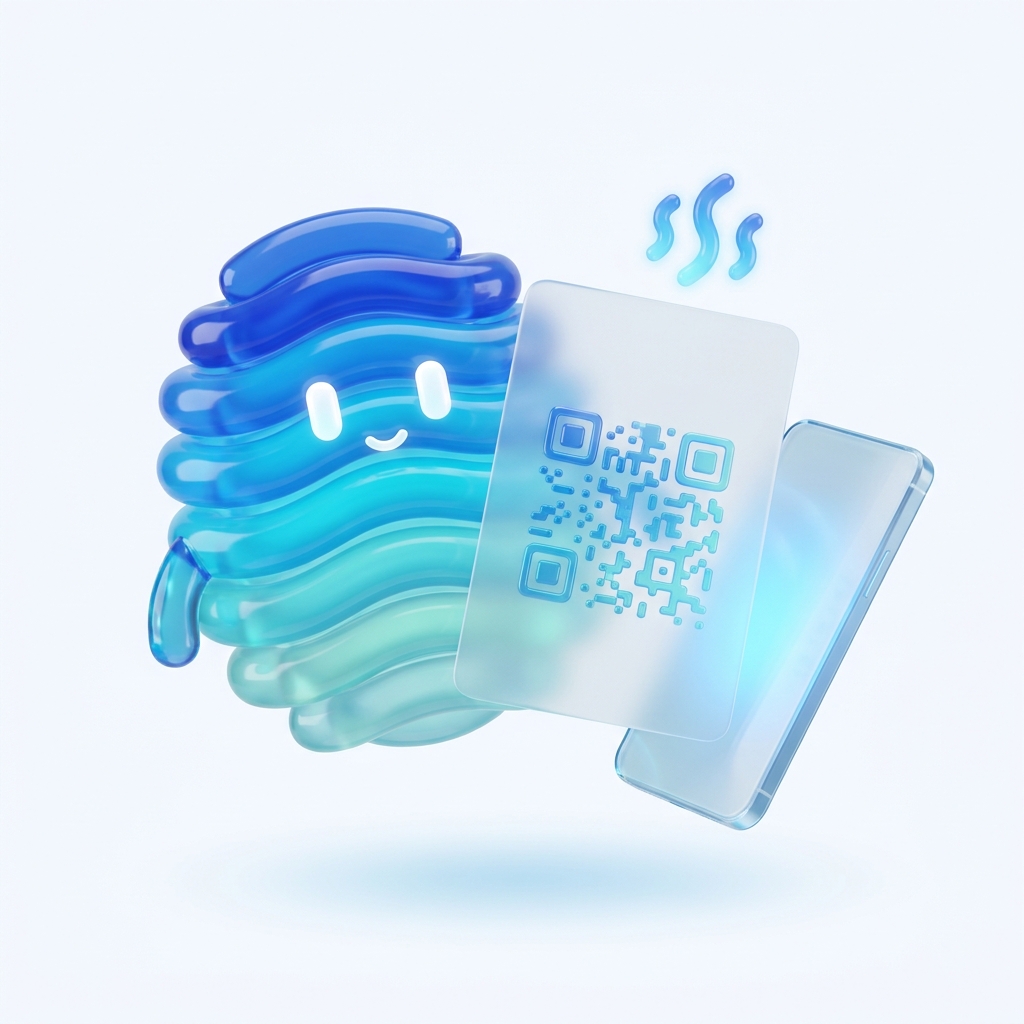 AIOOS Assistent hinter einer Karte mit QR-Code, ein Smartphone scannt sie